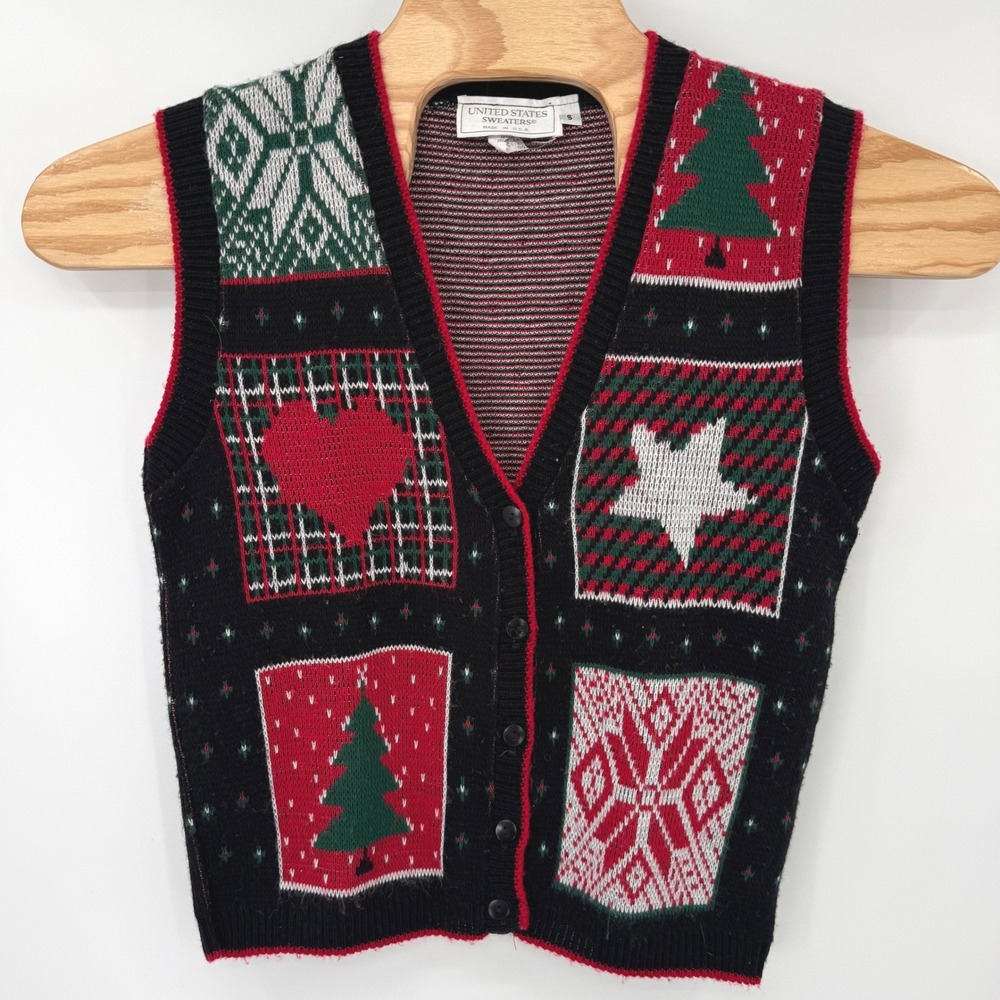United States Sweaters Vest Women Small Black Teacher Ugly Christmas Patchwork